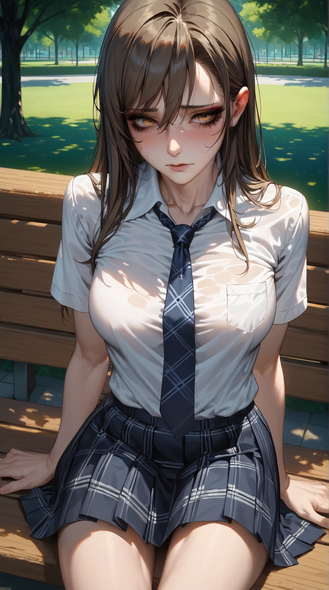 (masterpiece:1.3, top-quality), ultra high res, ultra detailed, (realistic, photorealistic:1.4), beautiful illustration, perfect lighting, colorful, depth of fields,
looking at viewer, (face focus, upper body), 1 girl, solo, hight school girl, gravure model, (large breasts:0.8, large ass, seductive thighs, skindentation),
(long hair:1.2, straight hair:1.2, (saddle-brown colored) hair), swept bangs, (brown) eyes, drooping eyes, big eyes, shiny skin, slender,
beautiful hair, beautiful face, extremely detailed face, beautiful detailed eyes, beautiful clavicle, beautiful body, beautiful chest, beautiful thigh, beautiful legs, beautiful fingers,
(detailed cloth texture, In the grass of a meadow, a girl stands, slightly, legs open. A complete body. Complete hands and legs. Thin waist.
Her face, bright red, flush and shy.
You can see her nipples standing out, even through her shirt. Her breasts are so large that you can see them even through the top of her shirt. (The skirt is shorter than normal, but it is a very short mini-pleated skirt that almost reveals her panties.)The girl has brown hair.
(The skirt is extremely short.) grey plaid tie, collared long sleeve white shirt, grey plaid pleated skirt), black socks, white panties,
(beautiful scenery),
