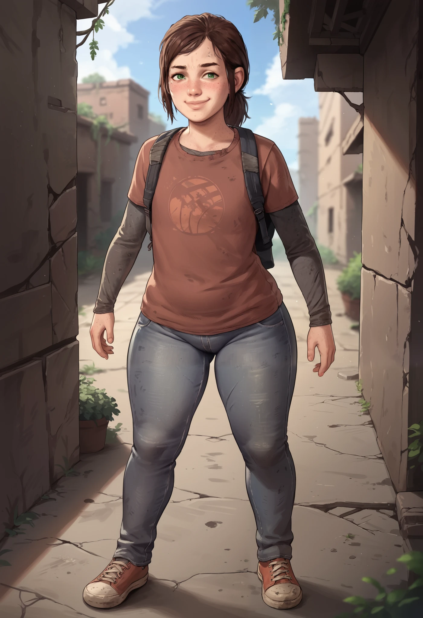 score_9, score_8_up, score_7_up, score_6_up, score_5_up, score_4_up, 1girl, , , solo, skinny, green eyes, brown hair, ponytail, freckles, lips, shirt, t-shirt, layered sleeves, short over long sleeves, jeans, shoes, full body, standing, smile, looking at viewer, abandoned city background, cameltoe, backpack, (huge thick thighs:1.3)(plump ass:1.2), ragged clothing, dirty clothes, ruins, feet together, green in the background, moss, beutiful face, perfect face, extremely detailed face, horny, blush, smirk, wide hips, young girl, (:0.7), small feet, small hands, cameltoe, skin tight jeans, slim ankles, naked ankles,