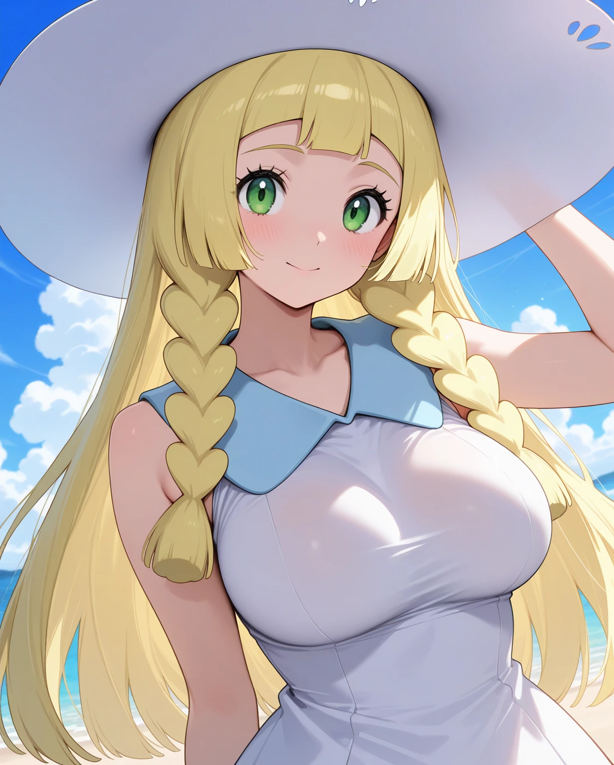 nsfw,1 person,Sweat,White Breath,solo,,Pokémon,Lillie,Groin bulge,bikini,Swimwear,((Large Breasts)),Valley visible,Leaning forward