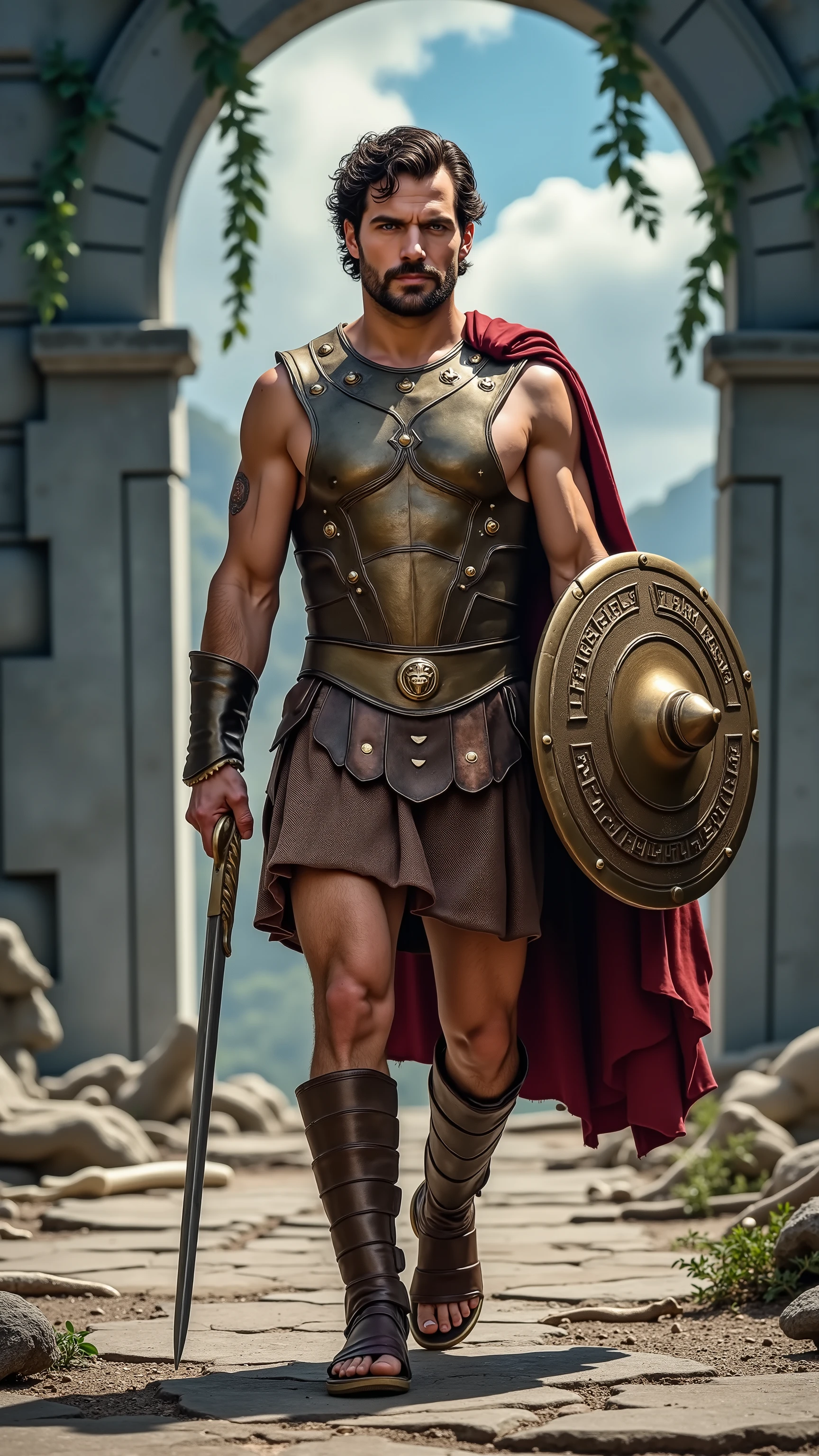 Henry Cavill reimagined as Theseus walking and holding a double-edged xiphos sword、dramatic atmosphere, 1 male、
Short, wavy dark brown hair, a clean-shaven face, and striking blue eyes set in a determined gaze. His frame is powerful and statuesque, with sunlit skin dusted in battle grime. Scratches and faint cuts mark his arms and neck.
He wears fitted bronze armor sculpted to his physique, engraved with labyrinth patterns and the head of a bull at the center of his chestplate. His shoulders are covered by angular bronze pauldrons, and a crimson cape flows from behind, torn and weathered at the bottom. A leather war skirt layered with bronze plates protects his waist and thighs, while greaves etched with Athenian symbols cover his shins. Sandals strapped up to the knees complete his attire.
In one hand, he wields a double-edged xiphos sword with a golden hilt and leather grip, its blade marked with faded inscriptions. In the other, a circular bronze shield engraved with a stylized labyrinth and lined with brass studs. Around his neck, a narrow bronze chain bears a small medallion shaped like a ship's sail.
,shows his male character's full figure, athletic body, perfect face, full body, extremely beautiful, god, male shape, perfect anatomy, The background features the entrance to a vast labyrinth built into a rocky hillside, partially hidden by hanging vines and ancient columns. The ground is cracked and scattered with bones, broken spears, and weathered shields. Faint torchlight flickers from within the maze’s arched entrance, casting long shadows on the stone path behind him as storm clouds gather overhead. Blue sky, sunny day, photorealistic, masterpiece, realistic, high contrast, 8k, HD, high definition detailed, detailed, hyper detailed, realistic skin texture, best quality, ultra high resolution, hyper realistic, no text, very detailed eyes, dramatic lighting