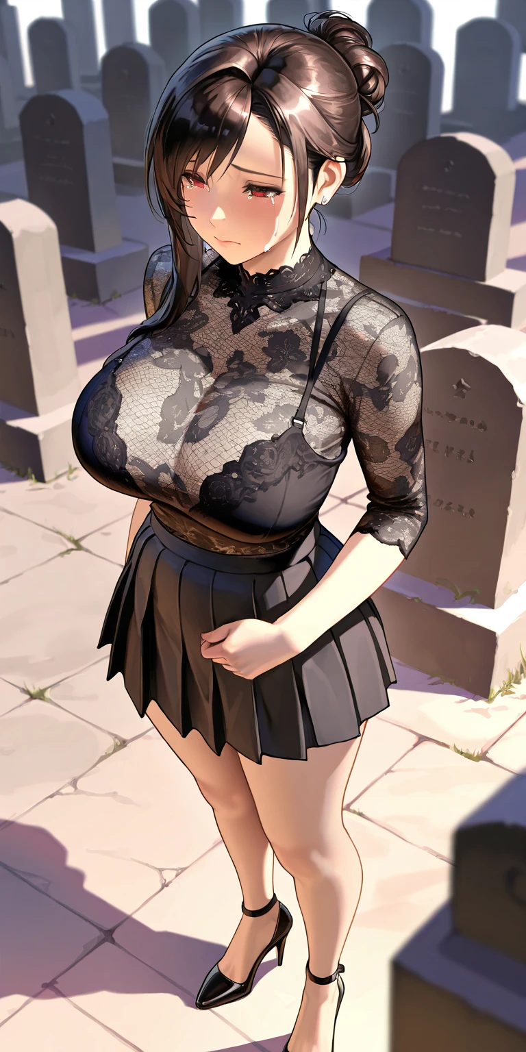 1 girl, alone, long hair, Large Breasts, cleavage, Brown eyes, OK, purple hair, Black skirt, ,Short skirt,  , Mature female, widow, :D, (masterpiece: 1.0), (最OK_quality: 1.0), silence，rain，cloudy day，Cemetery