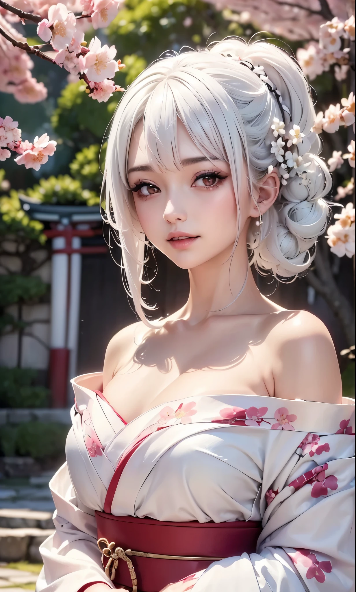 ((Styled white hair:1.5))(Japan kimono with cherry blossom pattern:1.3), Symmetric, (highest quality, Realistic:1.4, RAW Photos:1.2, Cinematic Light, Highly detailed illustration), (1woman:1.3, alone), (Asian Girl, Very delicate face, Super beautiful face, Very delicate eyes, Highly detailed nose, Very sophisticated mouth, Highly detailed facial features), woman, (Medium Bust:1.3), skin, Lip gloss, Laughter, Full Body View, High resolution, High resolution, 8k, Masterpiece 2:1, Skin radiance, Shining skin, Young girl,( Kyoto、Scattering cherry blossoms)、(Off the shoulder, Scapula、Black kimono、Exposing shoulders、Beautiful cleavage)(White Hair、Black kimono、Black sleeves、Black hem、Red belt)(Leaning against a tree):1.5