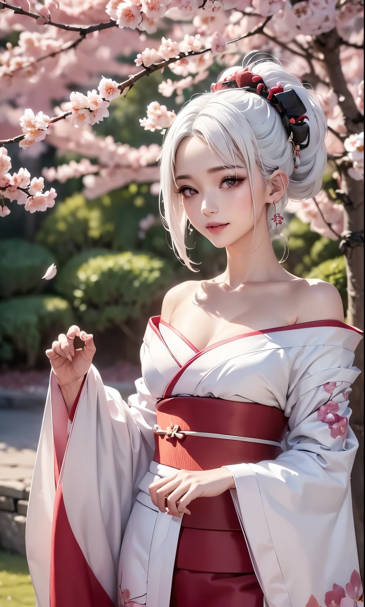((Styled white hair:1.5))(Japan kimono with cherry blossom pattern:1.3), Symmetric, (highest quality, Realistic:1.4, RAW Photos:1.2, Cinematic Light, Highly detailed illustration), (1woman:1.3, alone), (Asian Girl, Very delicate face, Super beautiful face, Very delicate eyes, Highly detailed nose, Very sophisticated mouth, Highly detailed facial features), woman, (Medium Bust:1.3), skin, Lip gloss, Laughter, Full Body View, High resolution, High resolution, 8k, Masterpiece 2:1, Skin radiance, Shining skin, Young girl,( Kyoto、Scattering cherry blossoms)、(Off the shoulder, Scapula、Black kimono、Exposing shoulders、Beautiful cleavage)(White Hair、Black kimono、Black sleeves、Black hem、Red belt)(Leaning against a tree):1.5