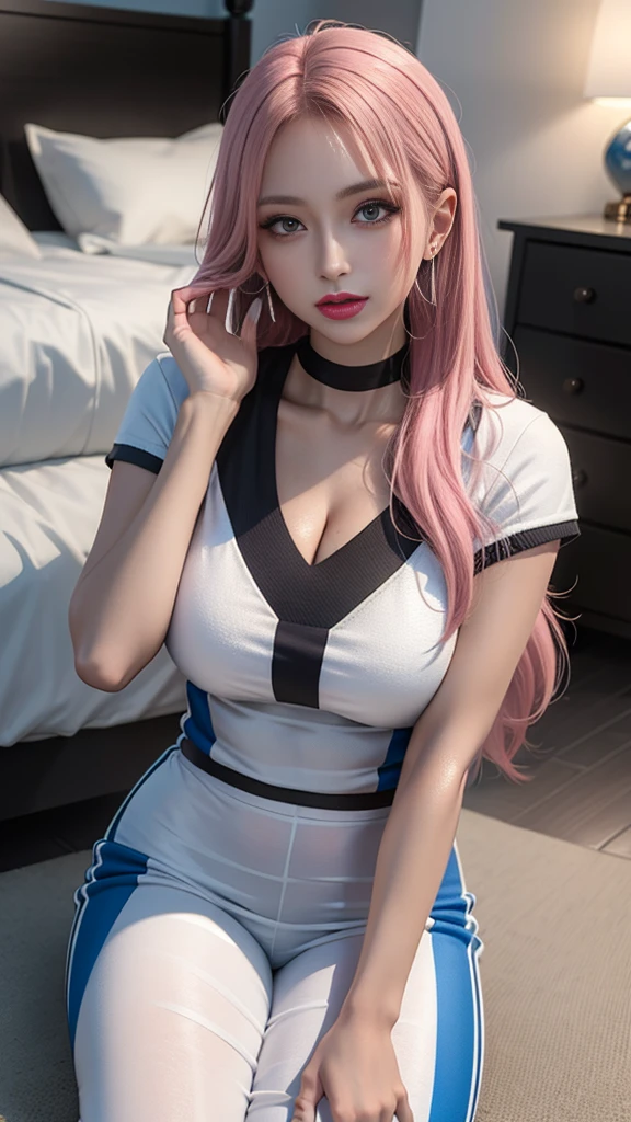 (masterpiece),(highest quality:1.2),1 girl,(Masseter muscle part:1.3),exquisite details, highest qualityの8K解像度, super detailed, realistic, Bright colors, soft tones, With warm and gentle lighting, (pink nurse uniform:1.3), (blonde shoulder length hair:1.5),(middle parted hair:1.3),(shining hair),(blue eyes:1.3), big breasts, white skin, Barrette, (hospital room:1.3), (NFSW:1.4), Sit with your legs spread:1.5