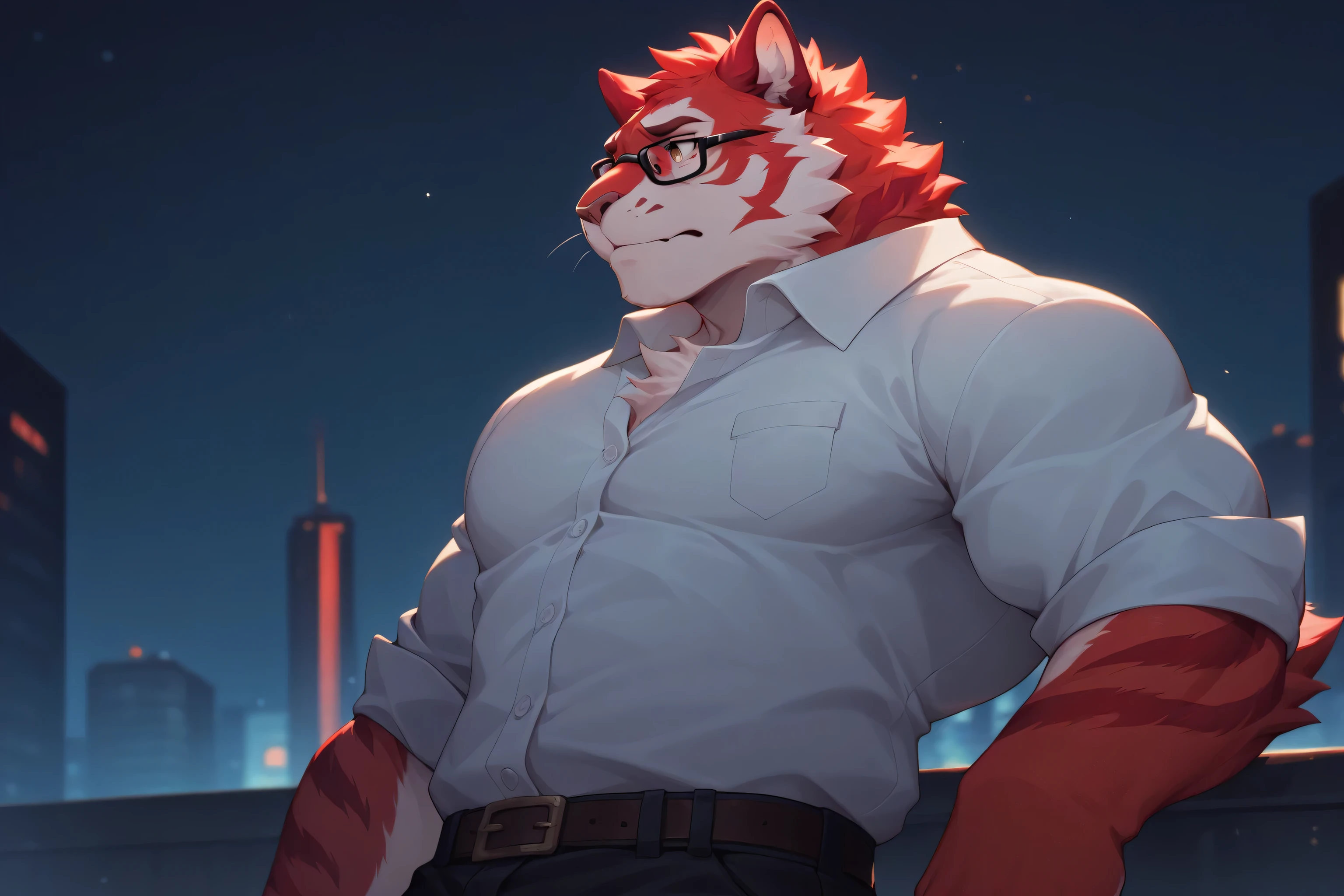 solo, (red fur:2), (red skin), (tiger), (Black-rimmed glasses:1.3), White dress shirt, strong body, muscular body, brawny body, husky, black pants, closed mouth, look away, stand, Lost soul in city, night, avenue, sad, cowboy shot
