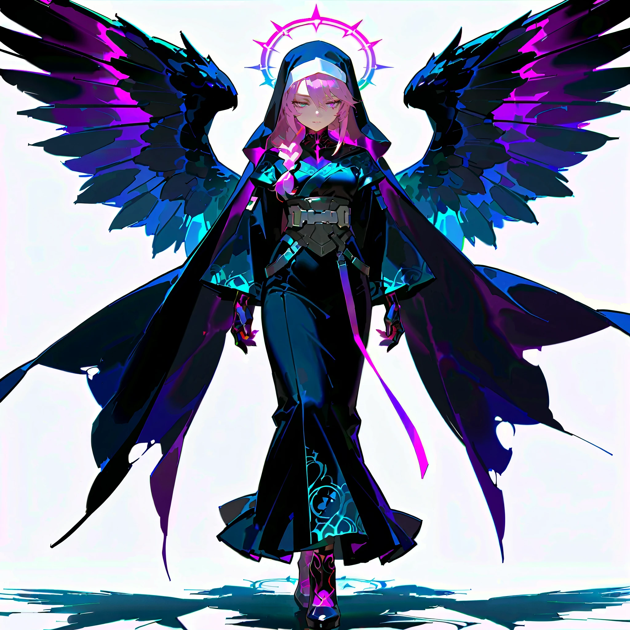 (((masterpiece))), (((Best Quality))), ((Ultra-detailed)), (High Definition anime Illustration), ((extremely delicate and beautiful)),solo, Full body, light peach hair in a single braid,narrow eyes,(Japanese nun’s habit)(dark purple cyberpunk kimono)shadow wings extending from the back. Shadows boiling and seething at Her feet, shadow hiding countless eyes and fanged maw,Cyberpunk shadow maiden(Character Focus),highly detailed, Colorful, highest details, Digital Painting, 8K High Resolution, Whole body, full body standing, (((white background)))