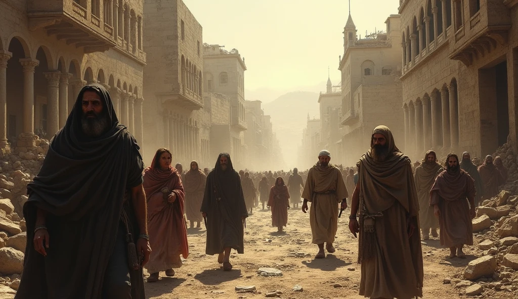 Jewish caravan marches towards the ruins of Jerusalem.