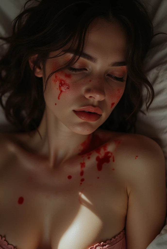 (photorealism:1.2), beautiful woman, sitting on bed, wearing loose off-shoulder top, holding knife. Bloodied and wounded, gore, injured neck, crying in pain, warm colors, horror