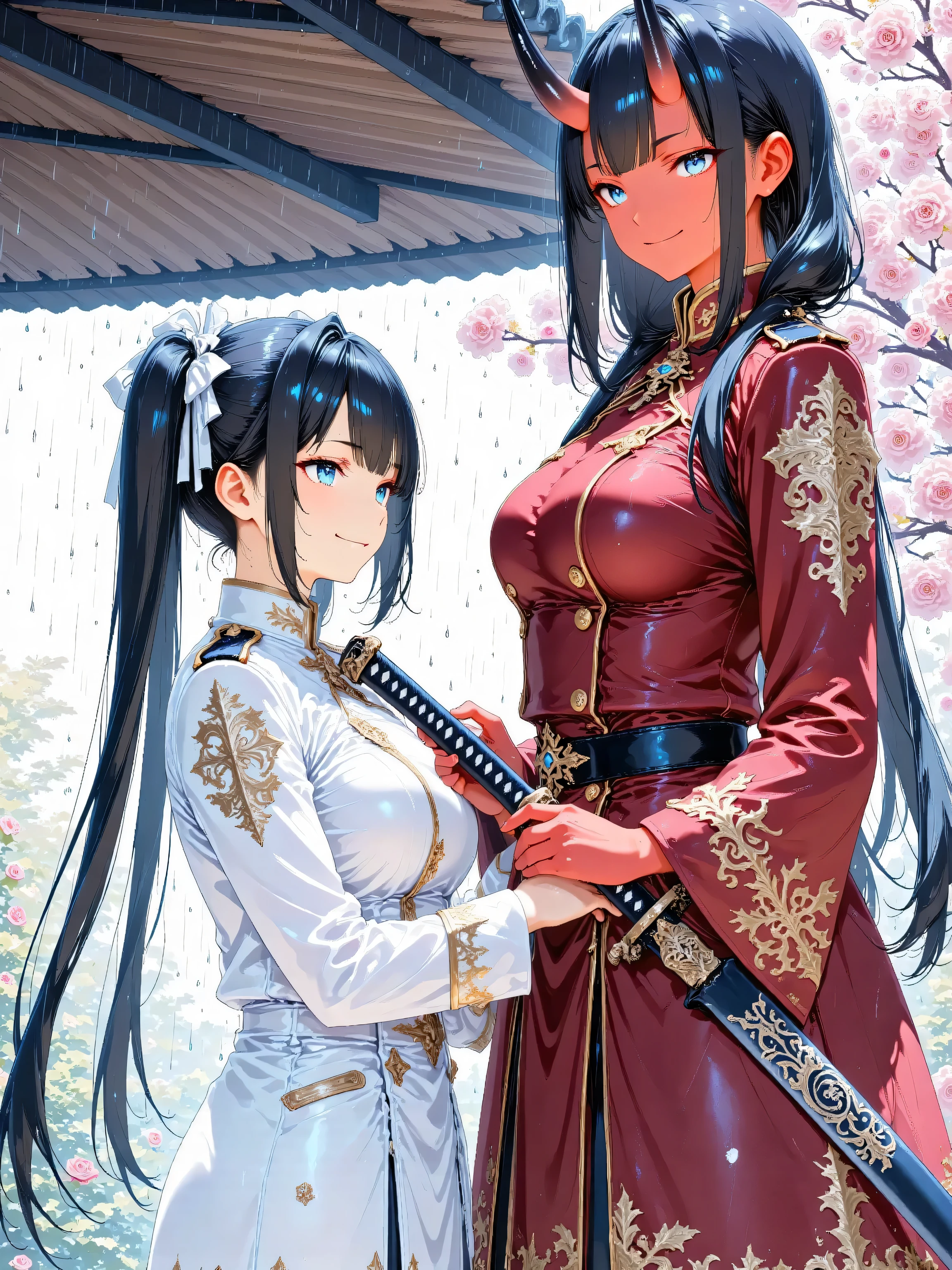 (masterpiece, best quality:1.2), a visually stunning and highly aesthetic composition with an engraved texture that feels both timeless and intricate, infused with a soft blend of (watercolor:0.4) fluidity and (pastel:0.6) tenderness, portraying two unique girls standing side by side under the protective eaves of an old rooftop as rain falls in a steady, rhythmic patter; to the left is a petite human girl, her long jet black twin tails cascading down her back with faint white highlights that catch the dim light, each tail secured with a delicate ribbon that flutters slightly in the breeze, wearing a knight’s white rose military uniform adorned with subtle embroidery of blooming roses, her deep blue eyes radiating a calm kindness, her hands wrapped around the hilt of an engraved katana, its blade etched with swirling designs, her expression softened by a gentle smile that speaks of quiet resilience; to the right stands a towering Aka-Oni, her red skin vibrant yet smooth, crowned with sleek black horns that arc elegantly, her matching jet black twin tails accented with faint white highlights and tied with a ribbon, dressed in a striking red rose military uniform that mirrors her companion’s in style but blazes with fiery elegance, her blue eyes glinting with mischief as she holds her own engraved katana with a casual yet assured grip, a relaxed smirk playing on her lips; raindrops sparkle as they descend, reflecting the muted colors around them, framed by a picturesque background of a cherry blossom-lined street, its branches heavy with blossoms that shed their petals in a slow, graceful fall, blending with the rain to create a scene of ethereal beauty.
桜並木、桜が舞う