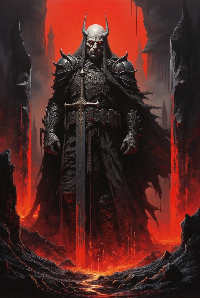 Sauron in hell, only black and red collors, with a heavy medieval armor and a very long sword medieval style, dark fantasy style