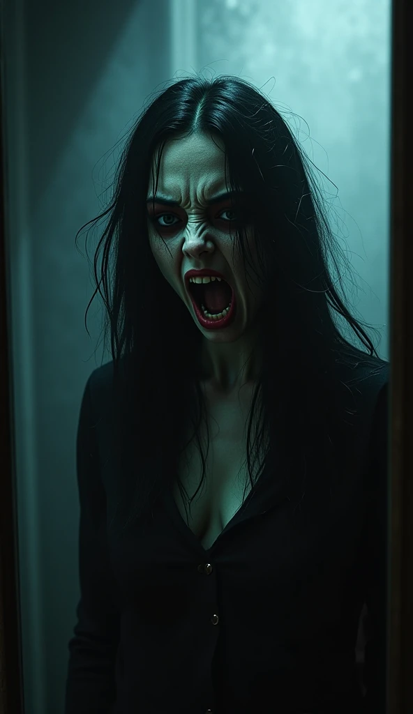 a terrifying mental image of a female figure of pure evil, immersed in a hideous, hellish environment, appearance with grotesque features and sinister deformities that evoke instant horror, glowing eyes, contorted skin, dark attire that exude an evil aura, environment around as a hellscape, distorted shadows, agonizing, obscure, terrifying nightmare, capturing all of the viewer's senses and leaving a lasting impression of horror, evil female figure in a obscure place coming from hell, nightmare, fiend, demonic presence