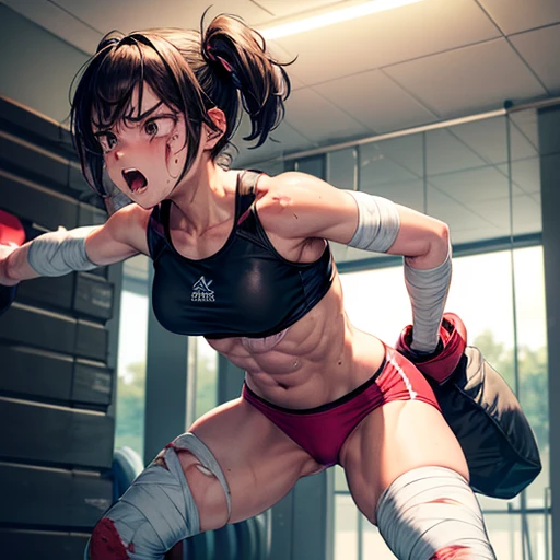 a japanese female streetfighter is beated down in the backstreet. She is on all fours. She is glaring at the opponent with an upward glance. She has the will to fight. A bloodied and bruised female fighter is trying to stand from down. She has a lot of punches from the male fighter. she has big pain. she is damaged terribry. Short-cut black hair, out of breath, drooling from mouth, exhausted, drenched in sweat. Erect nipples, open finger glove, Whittled waistline, muscular, six-pack abs, Ragged tanktop, denimshorts, Puffy nipple