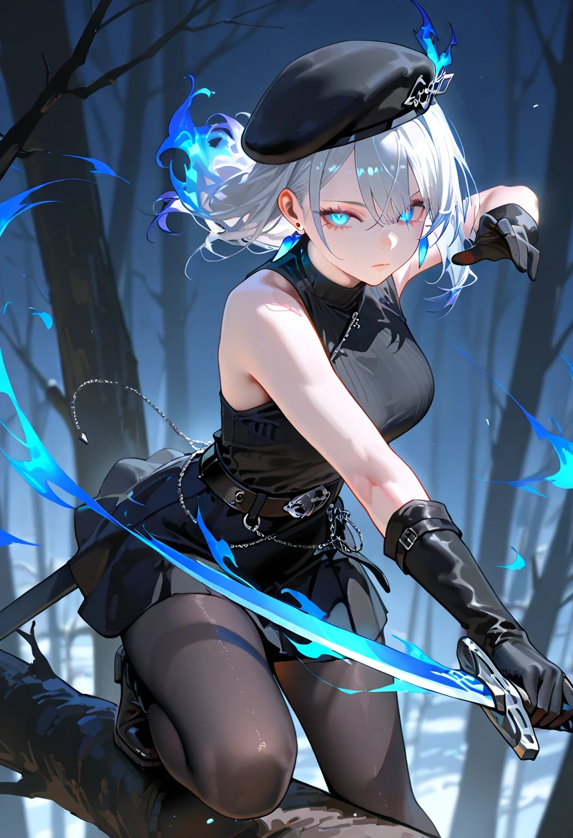 short-hair、gotik、Japanese Lolita、Hold the sword、Confetti、head phone、hotpants、Blue Flame、A picture that can be seen in its entirety　Black boots　Front-facing composition