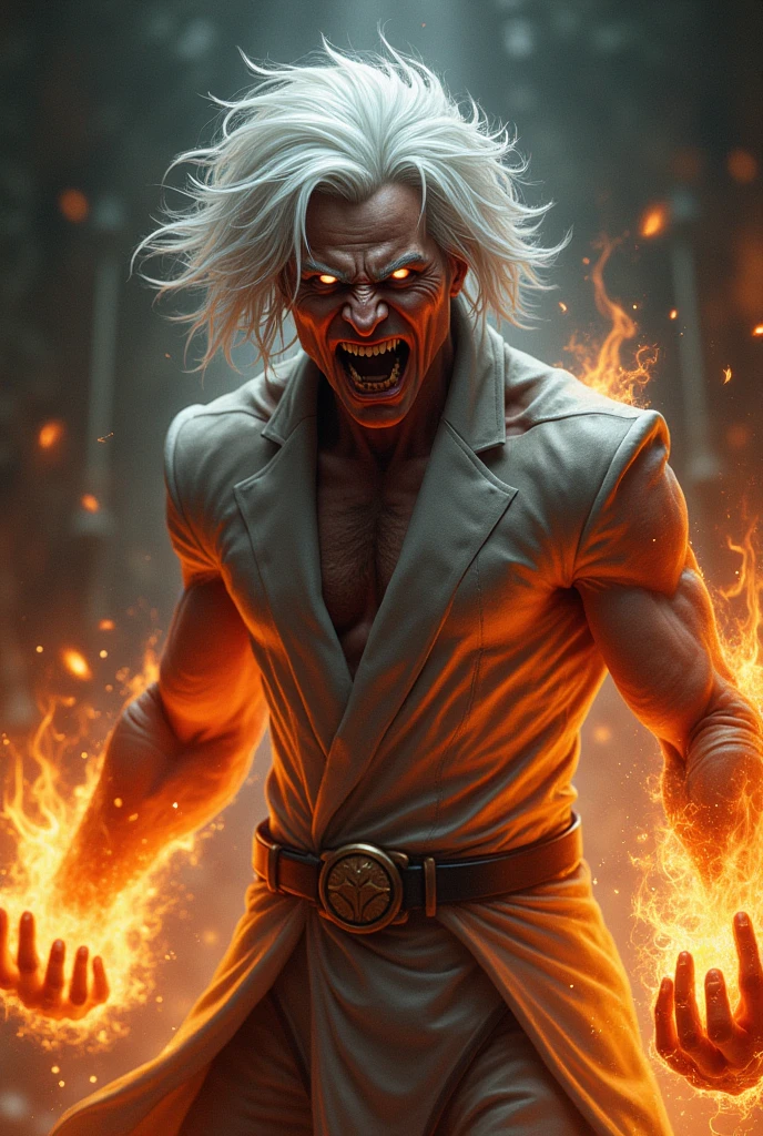 Skinny male with waist long white hair with fire and blood down his arm and crying