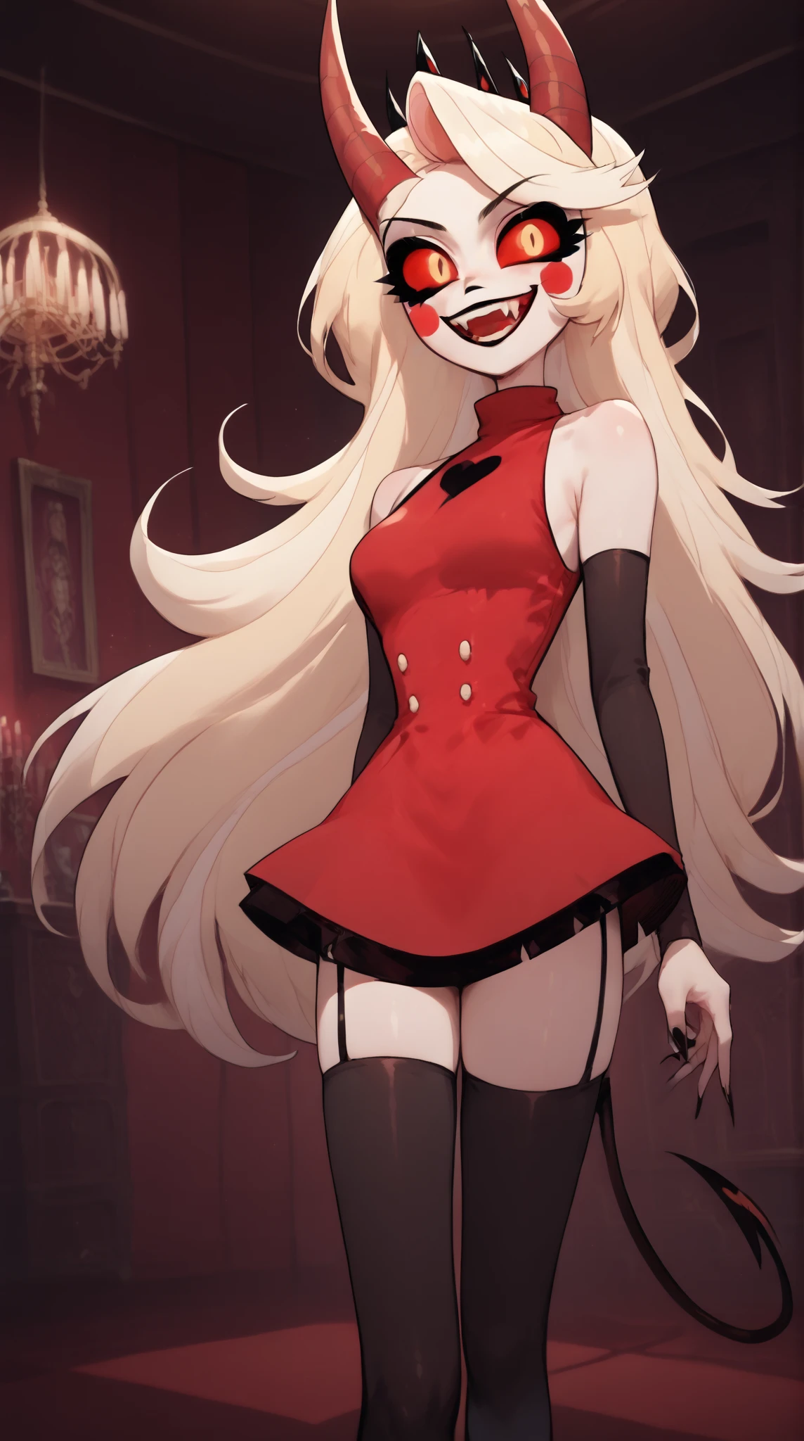 ((ultra quality)), ((Masterpiece)), charlie morningstar, hazbin hotel, , (Beautiful face), (beautiful female lips), (), charming, ((Innocent expression)), looking at the camera smiling softly, eyes closed a little, (white skin color), (pale skin), glare on the body, ((detailed beautiful female eyes)), ((redeyes)), (juicy female lips), (), (beautiful female hands), ((Ideal female figure)), Ideal female body, beautiful waist, beautiful hips, small breasts, ((subtle and beautiful)), stands temptingly, ((depth of field)), ((high quality clear image)), (clear details), ((High detail)), realistically, professional photo session, ((Clear Focus)),hell,
