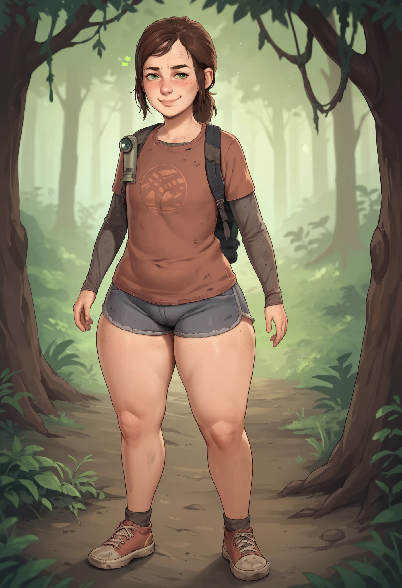 score_9, score_8_up, score_7_up, score_6_up, score_5_up, score_4_up, 1girl, , , early s, solo, freckled body, skinny, green eyes, brown hair, ponytail, freckles, lips, shirt, t-shirt, layered sleeves, short over long sleeves, bootyshorts, shoes, full body, standing, smile, looking at viewer, forest background, cameltoe, backpack, (huge thick thighs:1.3)(plump ass:1.2), ragged clothing, dirty clothes, ruins, feet together, green in the background, moss, beutiful face, perfect face, extremely detailed face, horny, blush, smirk, wide hips, young girl, (:0.7), small feet, small hands, cameltoe, skin tight bootyshorts, slim ankles, naked ankles,