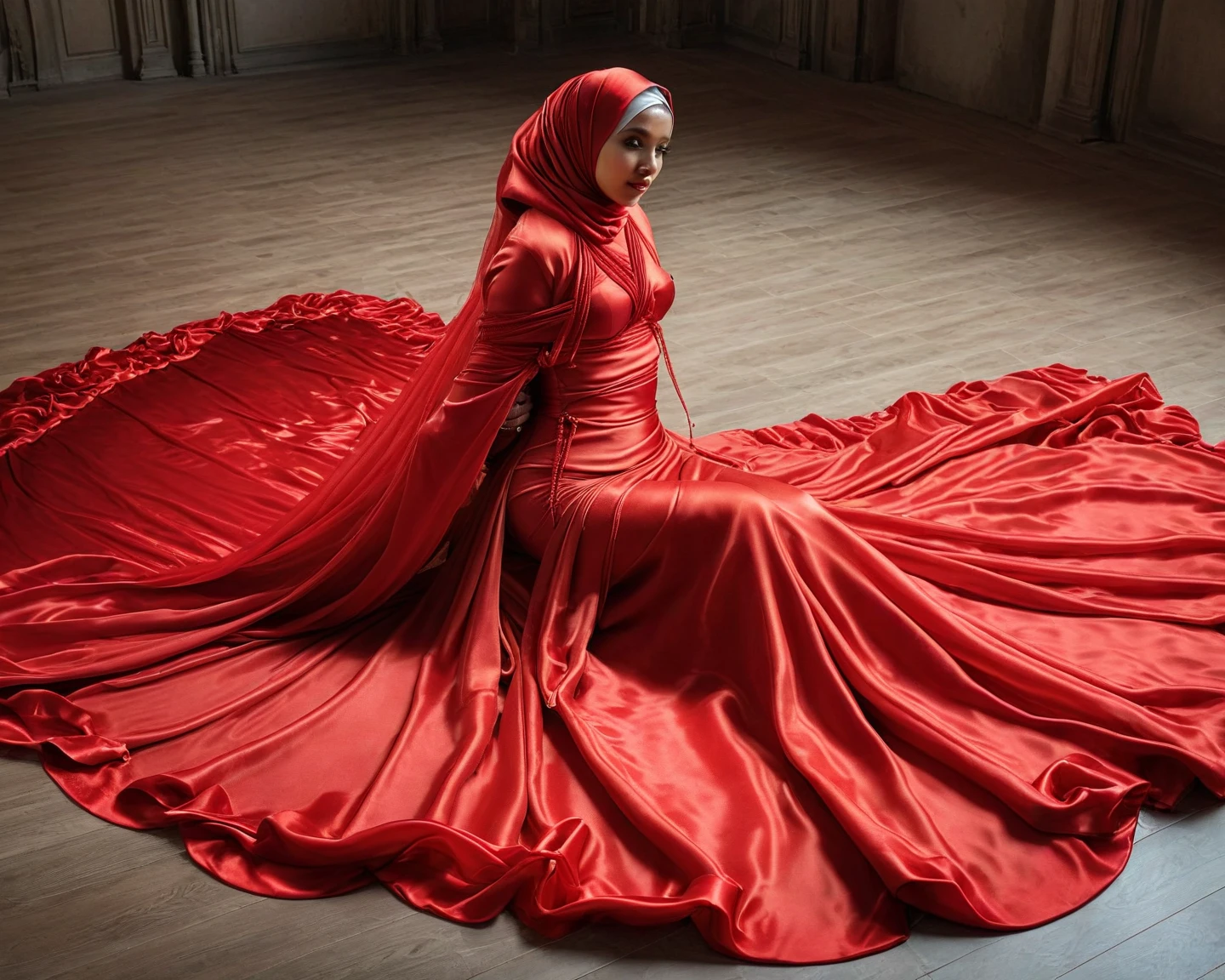 A woman shrouded in a 4-meter-long, plush red satin cloth, tightly bound and grandly draping along the form of her body, flowing off into a pooled floor-length train, styled in a mermaid-inspired outfit, her head modestly veiled in a satin hijab, a full-body pose conveying a sense of mysterious elegance, captured in a 4k resolution, ultra-realistic