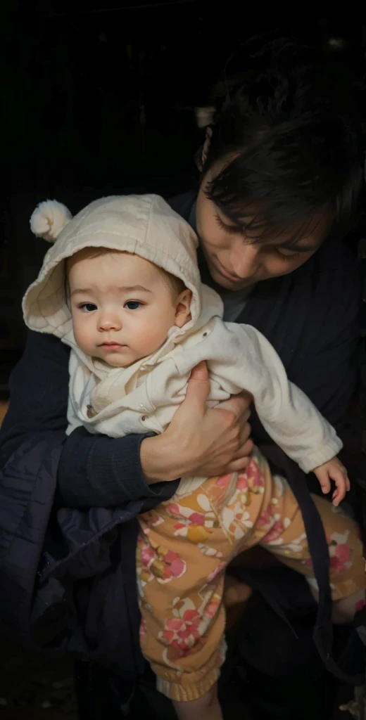 man wearing very small baby clothes