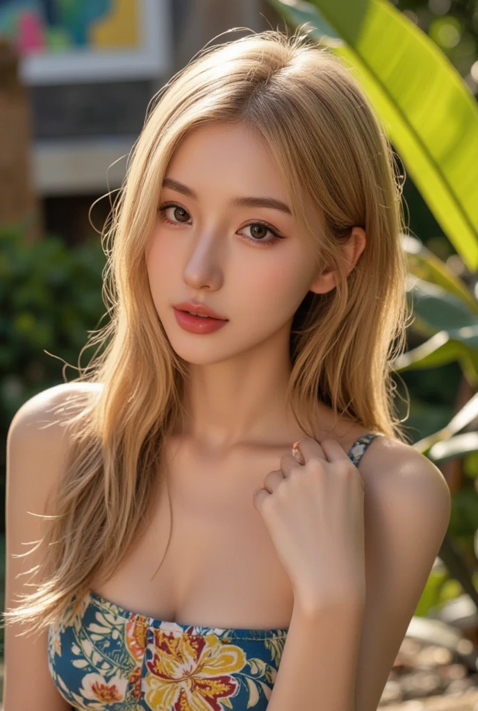 sassy girl expression, BREAK, 1girl, very very long hair, blonde hair, messy hair, hair strands, red mini dress, bare shoulder, golden bracelet, golden necklace, hoop earring, detailed face,