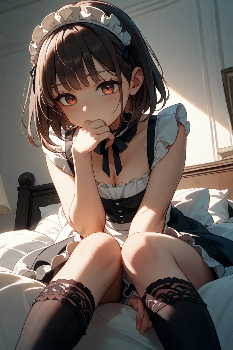 (Realistic, photo Realistic:1.2), ((highest quality)), Shift the center of gravity backwards, expressionless, aamegumi, short hair, beret, white headwear, neck ribbon, frills, white dress, red cardigan, open clothes, long sleeves, white bow, missionary, legs up, legs grab, from above, wide spread legs, reaching, on bed, (restrain:1.2)