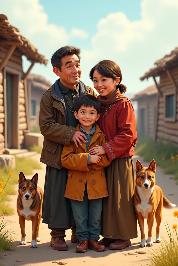 Generate an image of a family in the plains father, Mother, and three male children of different ages but younger than the parents, Keep in mind to add a white Samoyed dog, You can add horses in the background