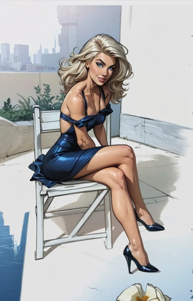 Full body shot of Ms. Buxley from Beetle Bailey comics. Long blond hair. Curvy body with large breasts Skimpy black dress. Low-cut and tight fitting and short skirt. Black high heels. Necklace and bracelet. Sitting at a desk with her legs crossed