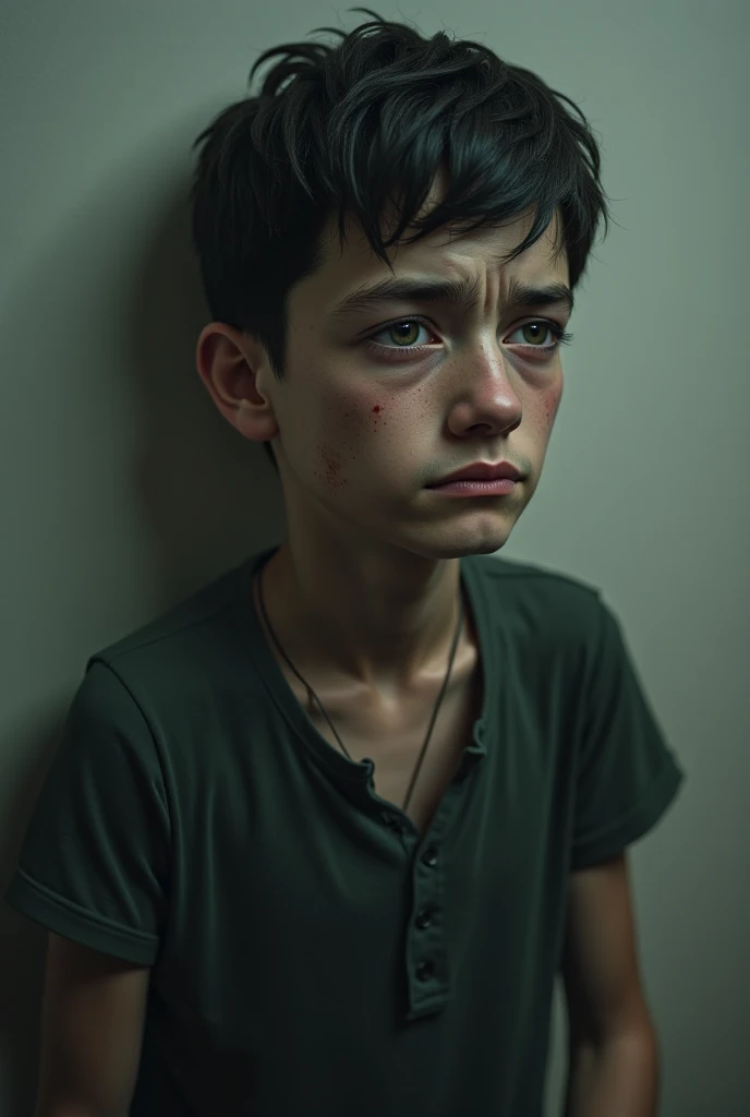 16 year old boy, Arm, Traurig, He sits and is dirty upper body free 