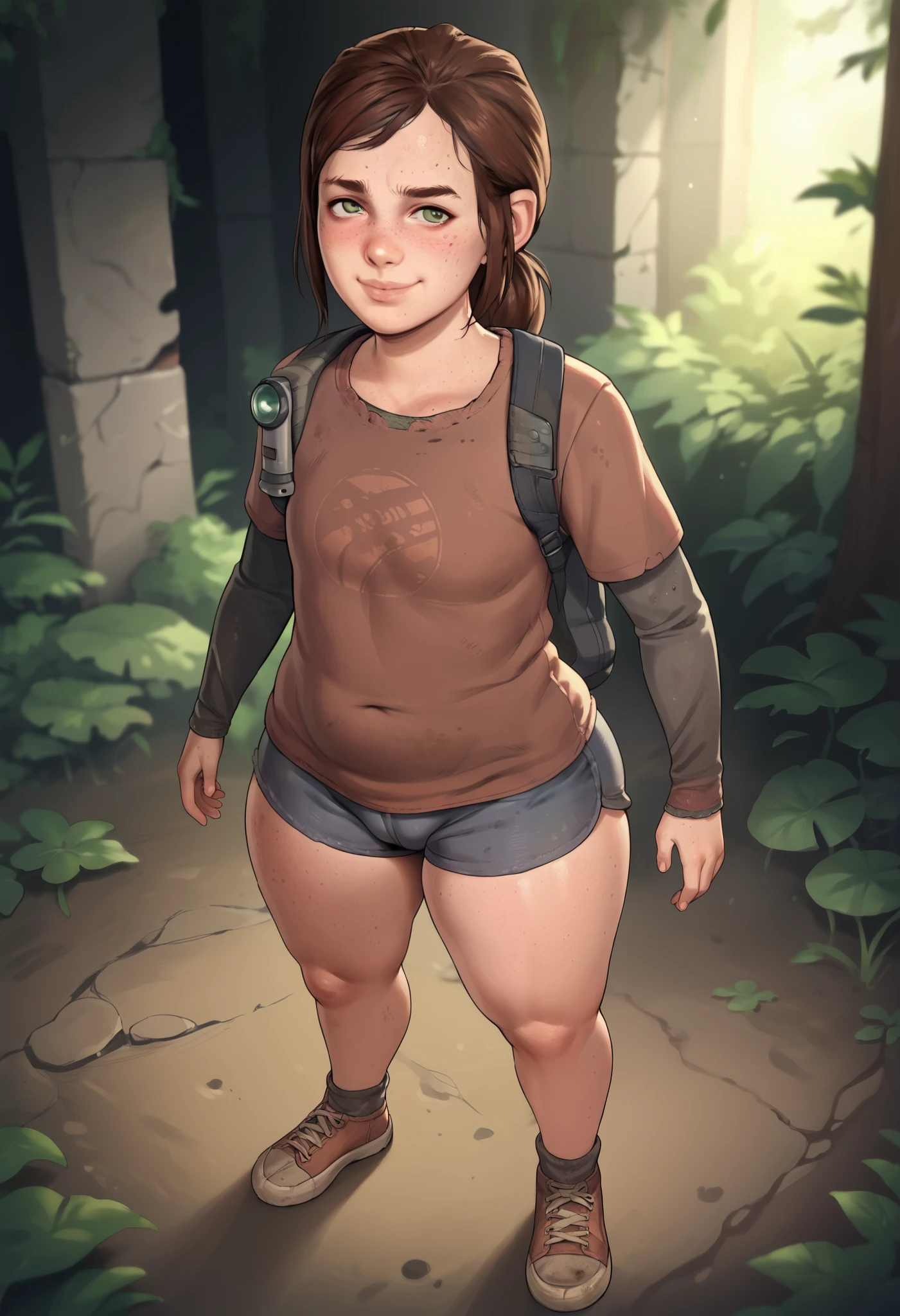score_9, score_8_up, score_7_up, score_6_up, score_5_up, score_4_up, 1girl, , , early s, solo, close up, from above, freckled body, skinny, green eyes, brown hair, ponytail, freckles, lips, shirt, t-shirt, layered sleeves, short over long sleeves, bootyshorts, shoes, full body, standing, smile, looking at viewer, forest background, cameltoe, backpack, (huge thick thighs:1.3)(plump ass:1.2), ragged clothing, dirty clothes, ruins, feet together, green in the background, moss, beutiful face, perfect face, extremely detailed face, horny, blush, smirk, wide hips, young girl, (:0.7), small feet, small hands, cameltoe, skin tight bootyshorts, slim ankles, naked ankles,