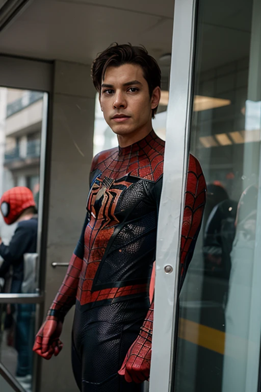 A photograph of spider man, no mask, 20 yo, handsome, detailed face, looking at camera, portrait, 8k uhd, high quality