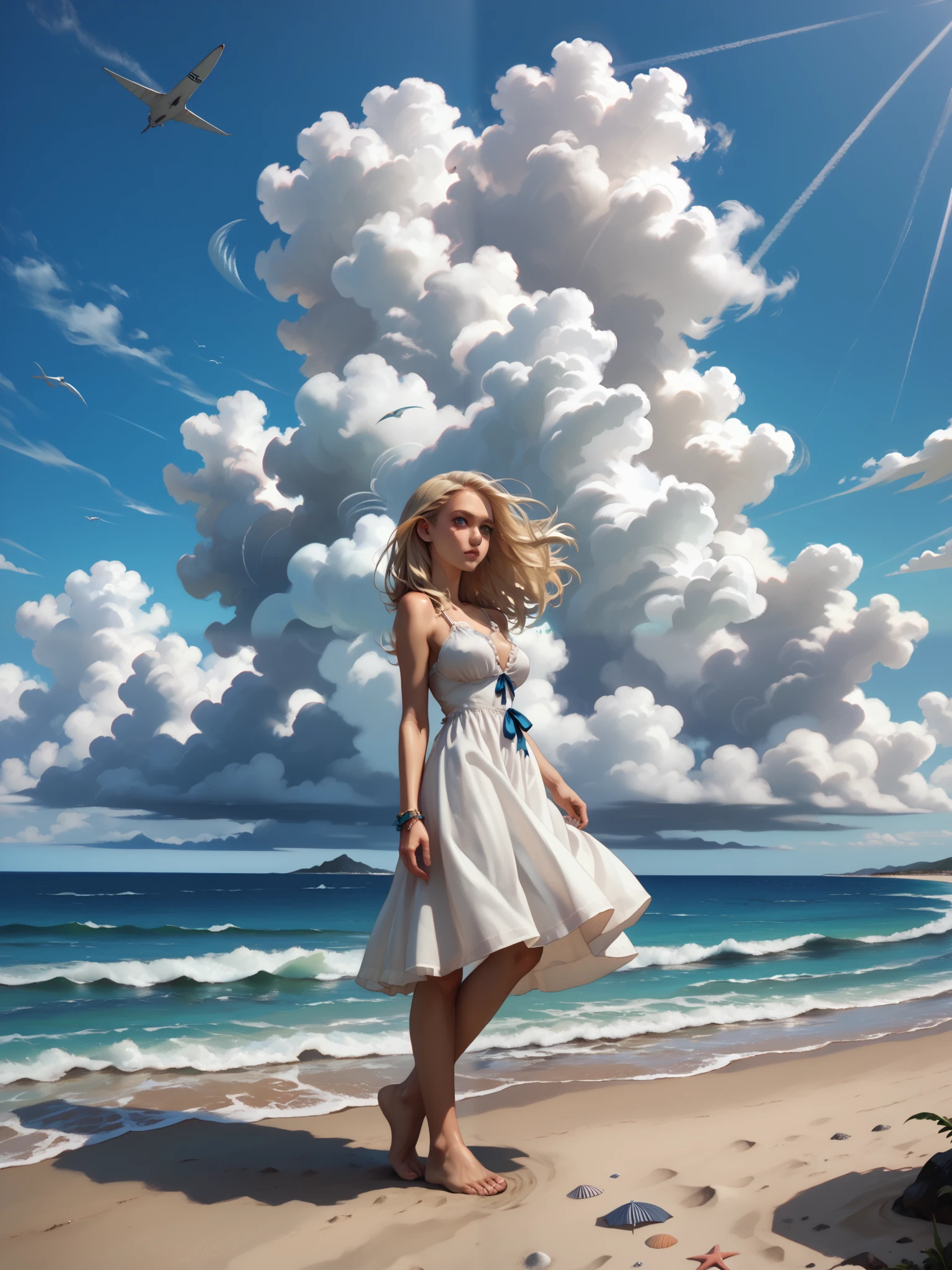 a beautiful girl standing in front of a cloud on a beach while wind is blowing, 1girl, solo, cloud, outdoors, sky, beach, dress, barefoot, day, ocean, white dress, blonde hair, blue sky, transparent. see thrus, large breasts. covered nipples