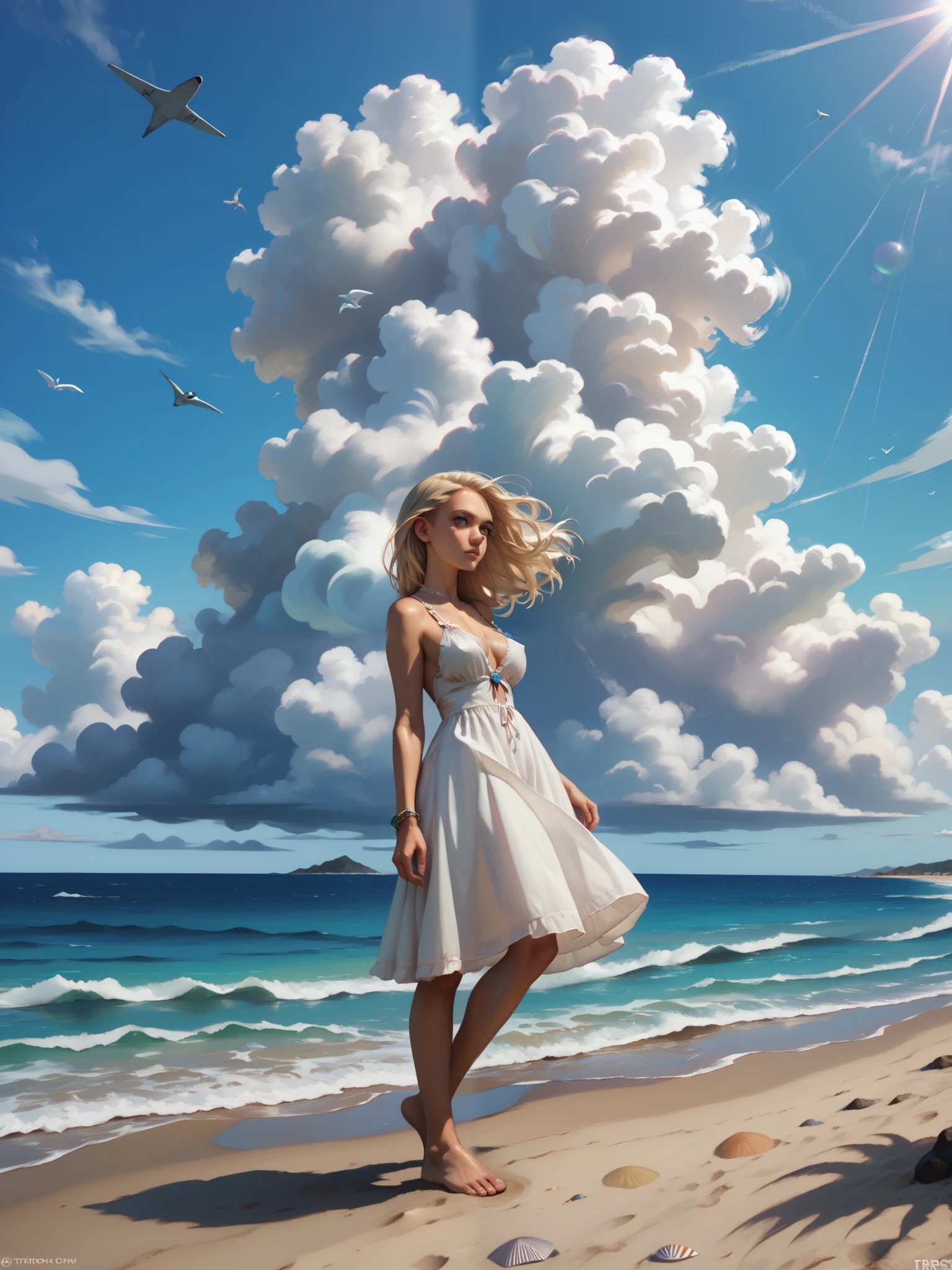 a beautiful girl standing in front of a cloud on a beach while wind is blowing, 1girl, solo, cloud, outdoors, sky, beach, dress, barefoot, day, ocean, white dress, blonde hair, blue sky, transparent. see thrus, large breasts. covered nipples