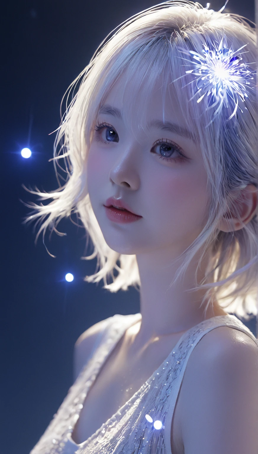 Highest quality, masterpiece, Ultra-high resolution, (Realistic: 1.4), RAW Photos, 1 Girl, Shiny skin, (Ultra-Realistic Details)), Portraiture, Global Illumination, Shadow, Octane Rendering, 8k, Ultra Sharp, big, South Korea details, Very intricate detail, Realistic Light, CGSoation Trend, Purple eyes, Glowing Eyes, To the camera, Neon Details,(Lighting on face:1.5)),((Delicately depicting the face:1.2)),((Silver hair color:1.4)),((Very short bob hair:1.2),(((Completely naked))),(((nsfw))),((Small breasts:1.4)),((Fair skin:1.4)),((Black Background:1.4))