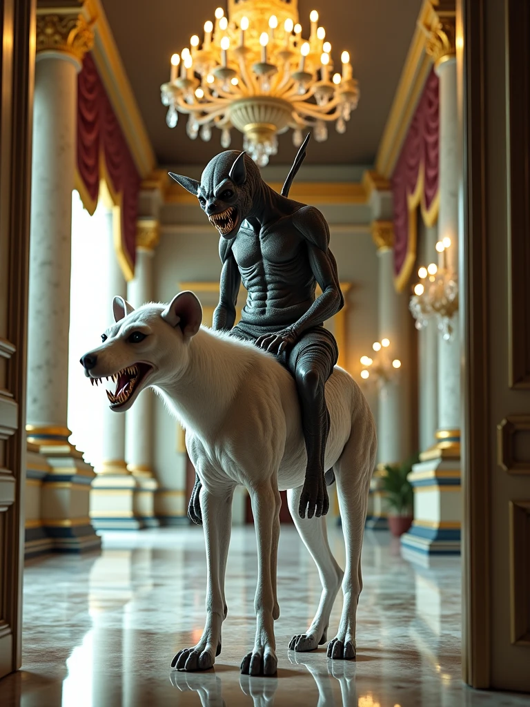 Egyptian Anubis sitting on a golden table with a window background at night filled with futuristic buildings