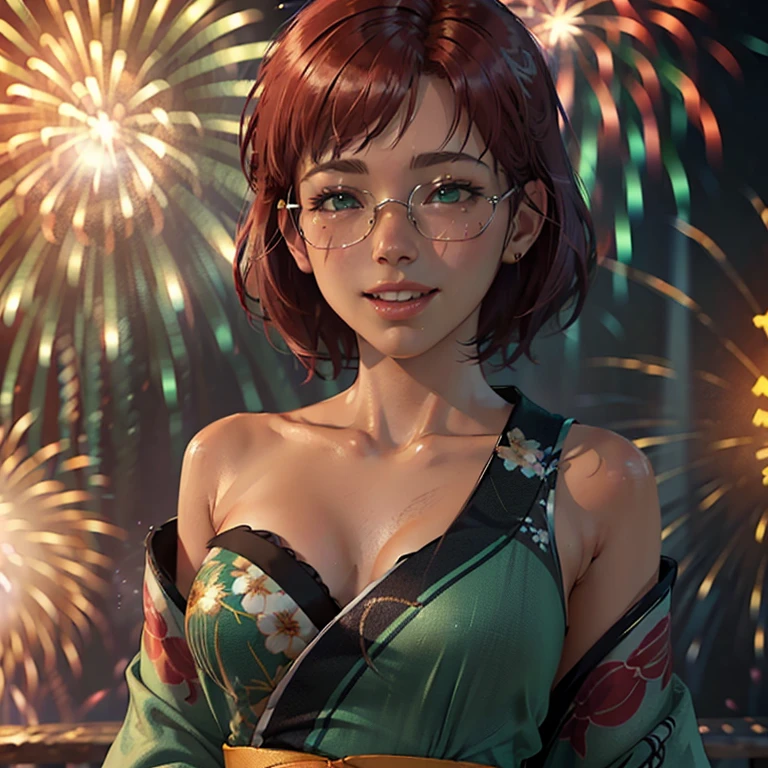 masterpiece, best quality, (realistic,photo-realistic:1.4), (RAW photo:1.2), extremely detailed CG unity 8k wallpaper, delicate and beautiful, amazing,finely detail, official art, absurdres, incredibly absurdres, huge filesize, ultra-detailed,extremely detailed eyes and face,light on face,(little smile),karin uzumaki(wearing kimono:1.4),,(red hair:1.4),long hair,(medium breast:1.4),(fireworks background:1.4),(wearing glasses:1.4)