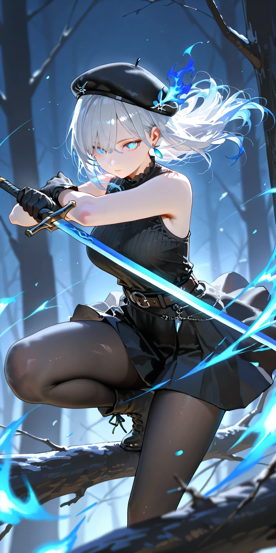 Masterpiece, newest, vibrant, very aesthetic, high contrast, mature woman, sanhua , light eyes, shirt, gloves, bare shoulders, pantyhose, earrings, sleeveless, black gloves, belt, black skirt, black shirt, sleeveless shirt, beret, full body, expressionless, sharp eyes, squat on a tree branch, holding sword, attack, jump, spin on the air, slash, blue flame around, night on the deep forest, best quality, semrealistic, cowboy shot, wutering wave style, looking at viewer, full body view