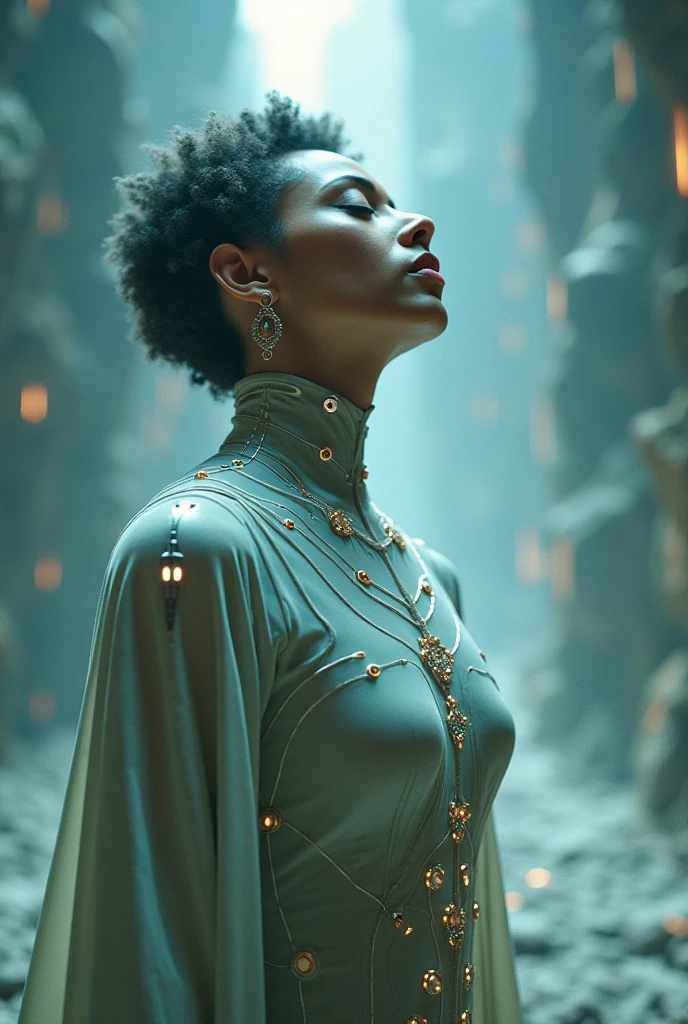 An African woman dressed in a leather African designed cloth, rising out of a white creamy liquid, covering her whole body as she rises out of the liquid, purple sky above her, white large full moon in the background, shining a white light giving a white and light purple cinematic look, surrealism art, 32k, ultra HD, unreal engine rendered, hyper-realistic image, cinematic lighting