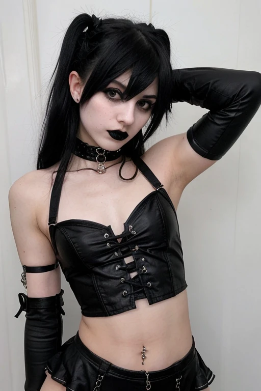 a woman with short black hair, hair on shoulders, wearing a black cropped and plaid skirt, black jacket, blue eyes, gothic art, cute aesthetic with vibe, toon aesthetic, wearing red costume, wearing gothic accessories, look like Cassie Hack, upper body,