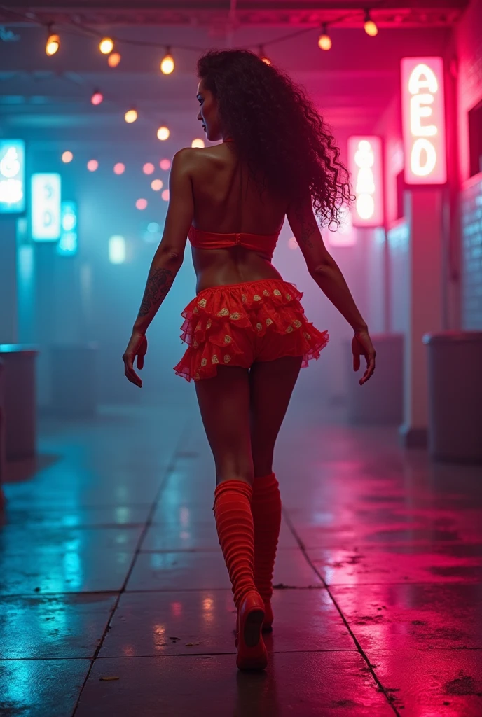 objective, GIGANTIC ASS, BIG HUGE BOOTY THIGHS paired with thin tapered tiny waist, shapely dark skin Goddess, epic, short translucent sports coat + paired with long leg warmers, bright neon bar, best quality, brightly lit face, stunning 8K UHD, beautiful detailed eyes, beautiful detailed lips, extremely detailed face and eyes, long eyelashes, detailed clothing, hyper realistic skin, brand cover, photo realistic lighting, happy expression, cinematic volumetric fog, no nudity