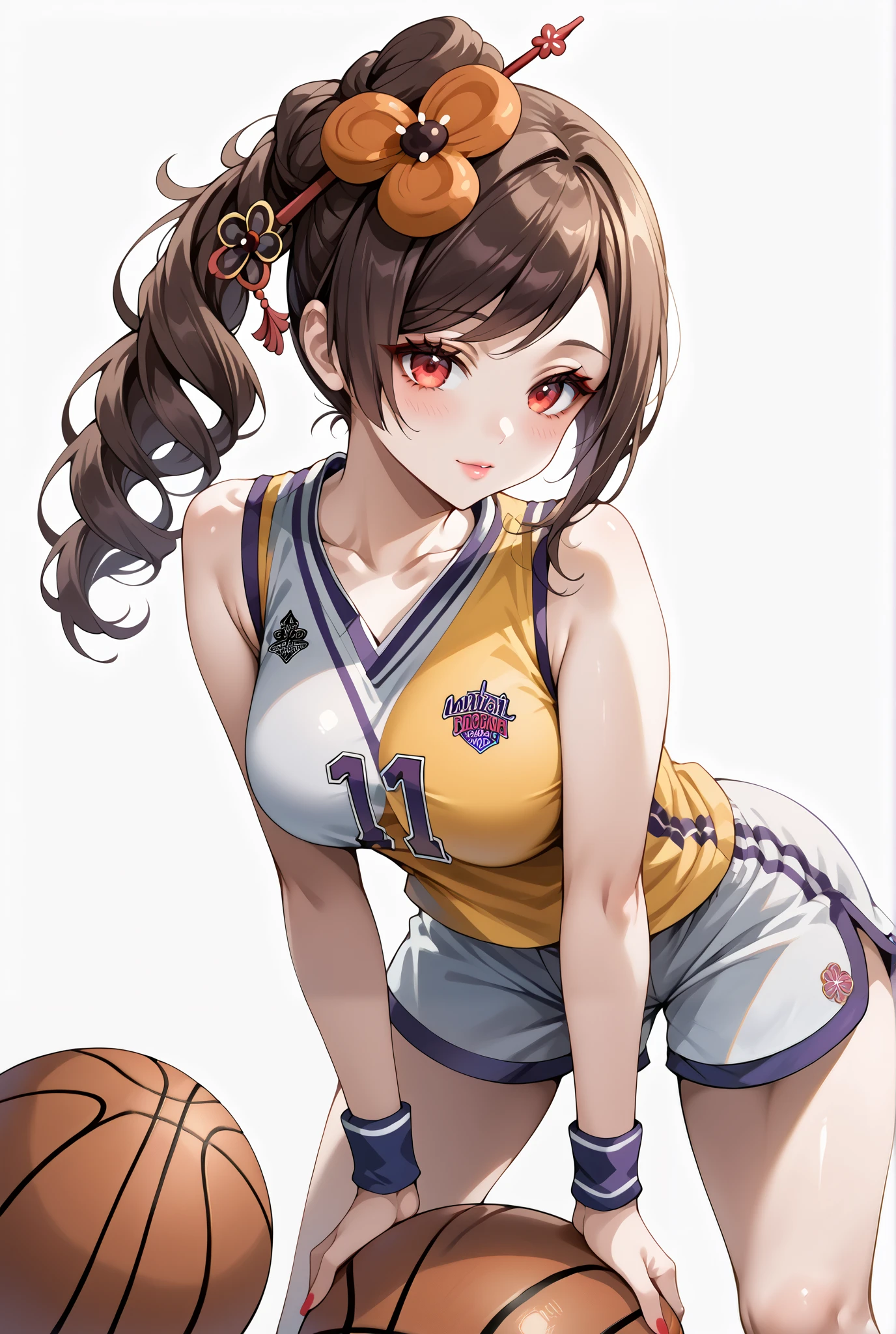 score_9, score_8_up, score_7_up, source_anime, 4K,perfect fingers,(perfect hands, perfect anatomy),prefect lighting, very aesthetic, intricate details,highly detailed background, masterpiece, high quality, best quality,
1girl,Solo,genshinchiori, chiori, brown hair, hair ornament, red eyes, hair flower, large breast,
wearing ((basketball uniform, basketball jersery, sportswear, jersey, shorts, sleeveless, )) ,,
leaning forward pose, simple white background, bare breast,