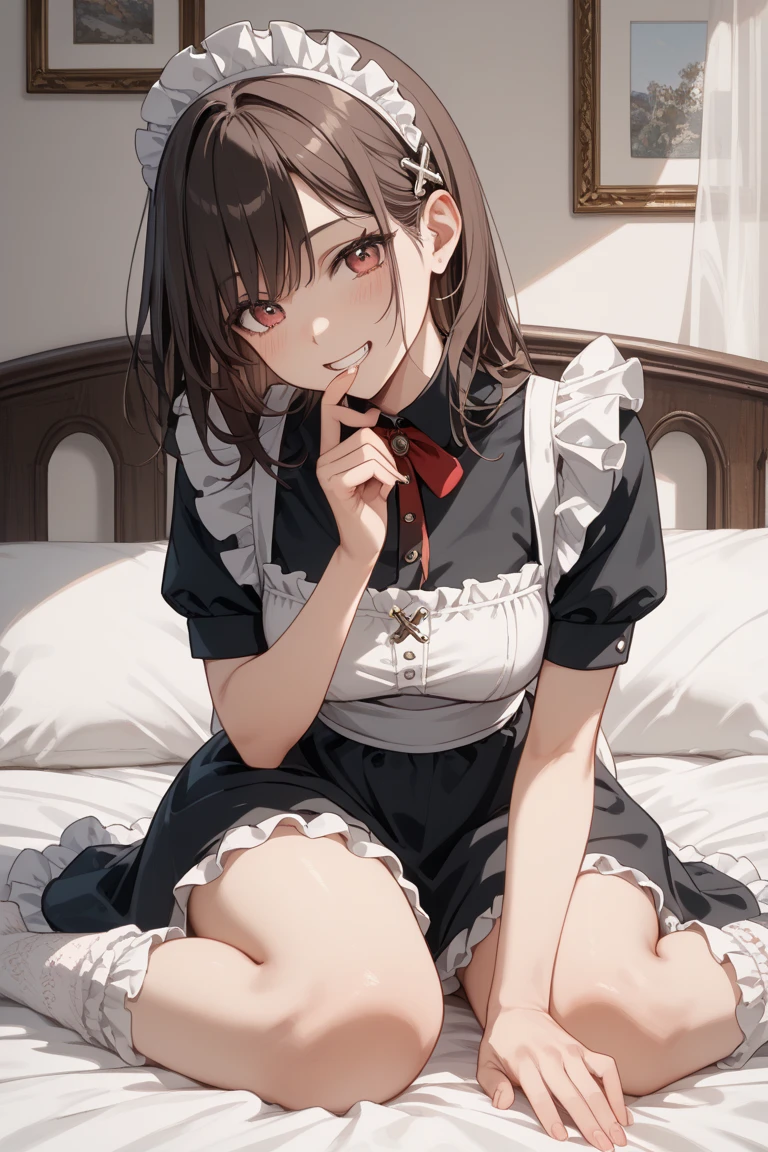 ((Top quality)), ((masterpiece)), (details),
High resolution, super detailed, very detailed CG Unity 8k wallpaper, real, photorealistic,
Beautiful fine face, detailed face.
Pale skin, realistic shining skin.
Detailed fabric texture, detailed hair texture.
(Eyes with attention to beautiful details: 1.5),
(Small hand), ((perfect hand)).
Slim legs, detailed legs.
((Perfect Anatomy)).
Perfect lighting.
Break
A girl,age18,
(Brown Hair :1.3),
Middle Hair, Straight Hair,
((Big smile:1.4)),one eyes closed,
(Slender: 1.1), (most big chest: 1.8),
(Most Big butt: 1.1), 
(Lying Down Fluffy thighs: 1.1),
Break
french maid,
ruffled maid headdress,
garter belt, panties, stockings,
ruffled petticoat,
Break
Full Body Shot,
Lift the tray with some sweets with one hand,
At maid caffe,