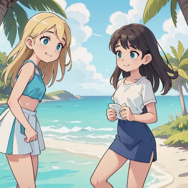 (anime artwork, anime style, studio anime, very detailed, up to date, vibrant, Anime Coloring, high contrast, masterpiece:1.2, best quality, best aesthetics),2 girl,hug from behind,swim suits, Medium chest, A glimpse of thighs,random hair, One eye is hidden by the bangs, perfect proportions, high detail skin, Cute, detailed faces,beach, precise fingers,curvy,swim suits  crowd,wet,
