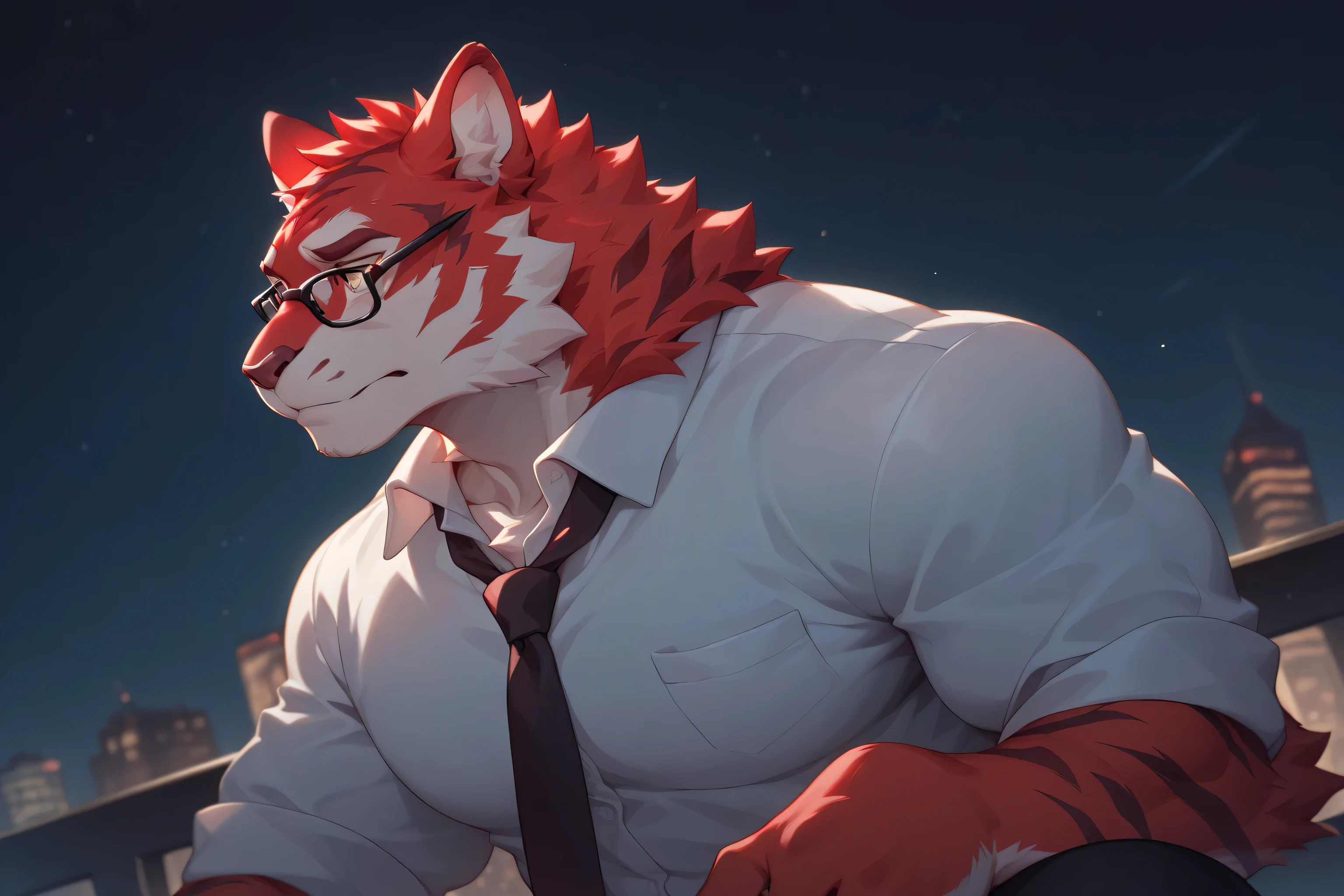 solo, (red fur:2), (red skin), (tiger), (Black-rimmed glasses:1.3), White dress shirt, strong body, muscular body, brawny body, husky, black pants, closed mouth, look away, stand, Lost soul in city, night, avenue, sad, cowboy shot