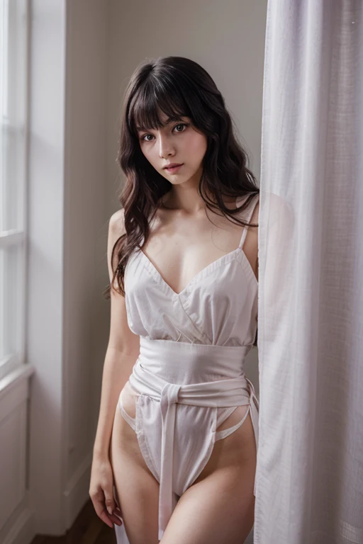 asian girl, lying on her back on a white sheet, white crumpled sheet, victorian period, open chemise, victorian period bra, white flower in her hair, soft, graphic, wearing period victorian bedclothes, corset, monochrome image, sepia, brown tint, erotic, sexy, a single flower next to her body, soft, orgasmic, show thighs, nice lips, covered breasts, white background, very long hair,