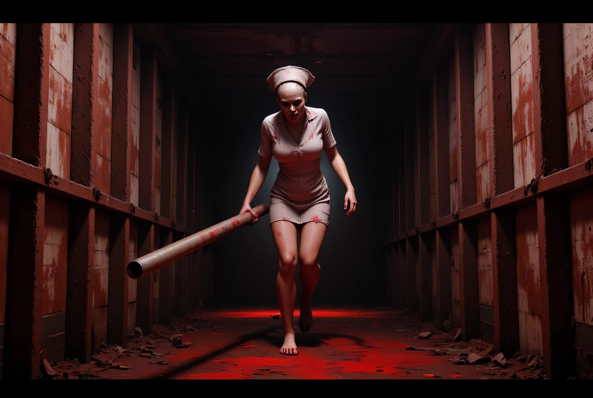 **Prompt:** Create a hyperrealistic digital artwork depicting a chilling nightmarish vision inside a dark, rust-covered iron corridor. The focal point of the composition features a zombie-like female nurse, her blood-stained uniform tattered and haunting, as she limps eerie and slow down the corridor holding an iron pipe that glints ominously in the subdued light. Employ a wide panoramic camera angle to accentuate the oppressive atmosphere, showcasing intricate textures and details, evoking the unsettling vibe of the Silent Hill universe. Use harsh reddish lighting that casts menacing shadows, enhancing the horror aesthetic with stark contrasts against the rusty backdrop. The final render should utilize octane 3D techniques to achieve a breathtaking level of detail and depth of field, achieving a RAW photographic quality that encapsulates both the terror and unsettling beauty of this macabre moment. Let the scene pull viewers deeper into its surreal and horrifying ambiance.