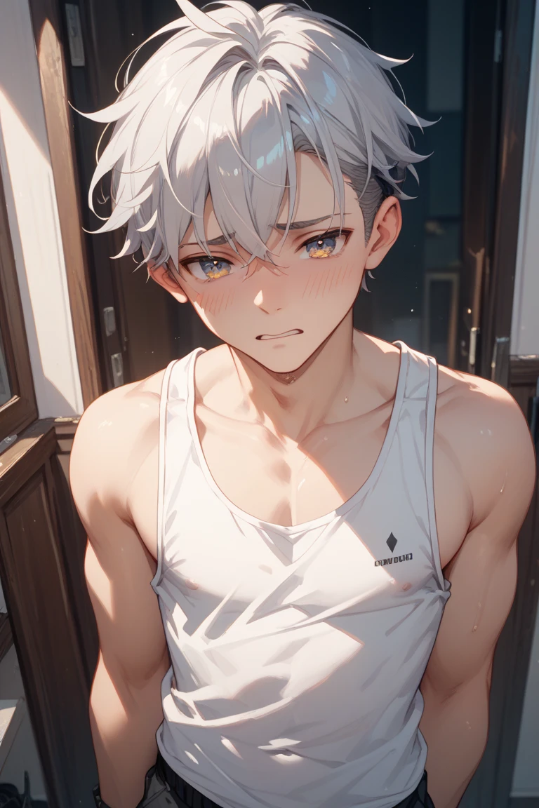 Draco Malfoy, wearing a pink tank top and light blue skinny jeans, freckles, silver eyes, anime style, cartoon, stereotypically gay pose, painted nails, expertly drawn hands, rolling his eyes, unamused stare, judgmental, mean gay, (solo), holding his phone, playing on his phone,