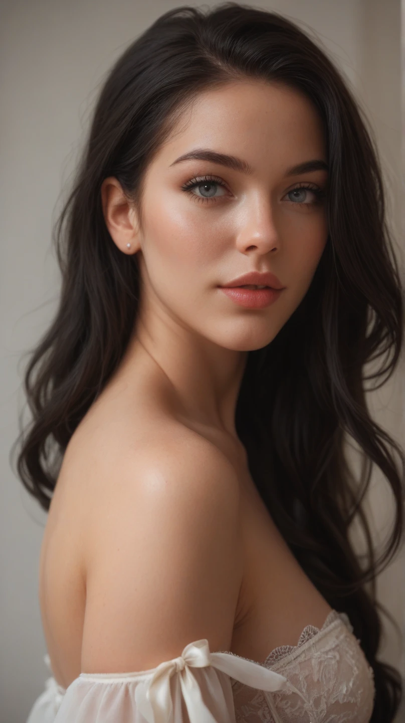 1woman, (realist:1), Black hair, Long hair, blue eyes, happy, Whole body, nude, symmetrical body, model，Revealing the breasts，sexy pose，lewd expression，reddened complexion