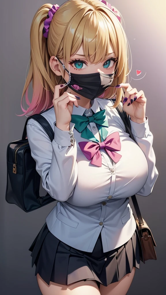 (masterpiece, best quality:1.2), JK,huge tit,1girl,aqua nails,bag,black bowtie,black nails,blonde hair,blue nails,breasts,gradient,gradient background,green nails,hair scrunchie,heart,mask,mouth mask,multicolored nails,nail polish,pink nails,purple nails,school bag,school uniform,scrunchie,skirt,solo,spoken heart,surgical mask,matrue woman