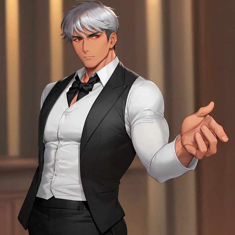 A young, tall and imposing male with short, slicked back white hair, a perfectly groomed beard, and piercing red eyes. He exudes confidence and carries himself with a sly and mysterious aura. Wearing panties and matching bra.