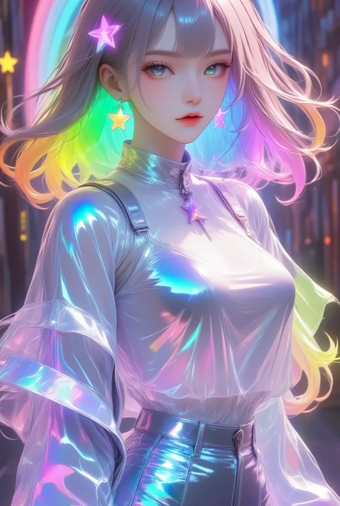 transparent color PVC clothing, transparent color vinyl clothing, prismatic, holographic, chromatic aberration, fashion illustration, masterpiece, girl with harajuku fashion, looking at viewer, 8k, ultra detailed, pixiv