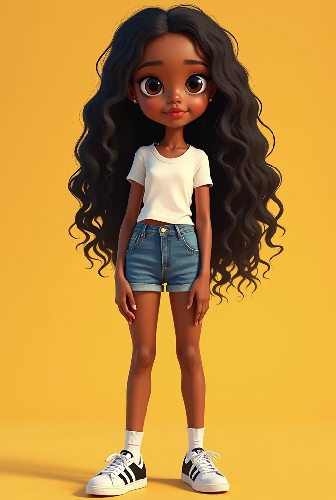 A tiny African American with a crop top, long curly hair, and open toe wedges is getting ready in her room. She is shorter than her dad.